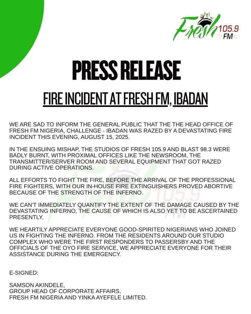 Fresh FM CEO Yinka Ayefele Confirms Fire Damage at Radio Station

#Fire 
#Fresh FM