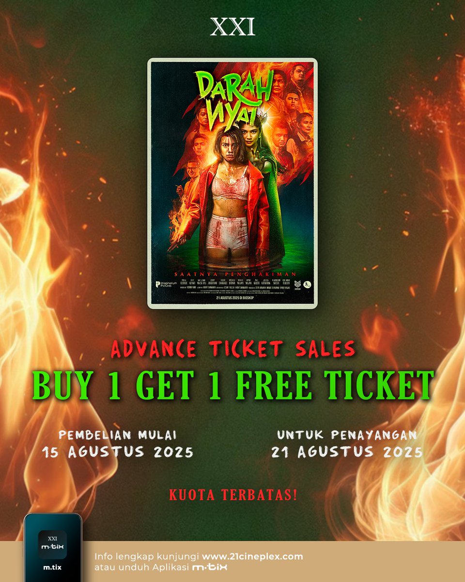 Advance tiket sales xxi sudah bisa dibeli ya!

Ajak genk kamu ketemu Nyai! Buy 1 get 1 lagi! 🩸💚

#darahnyai #filmdarahnyai