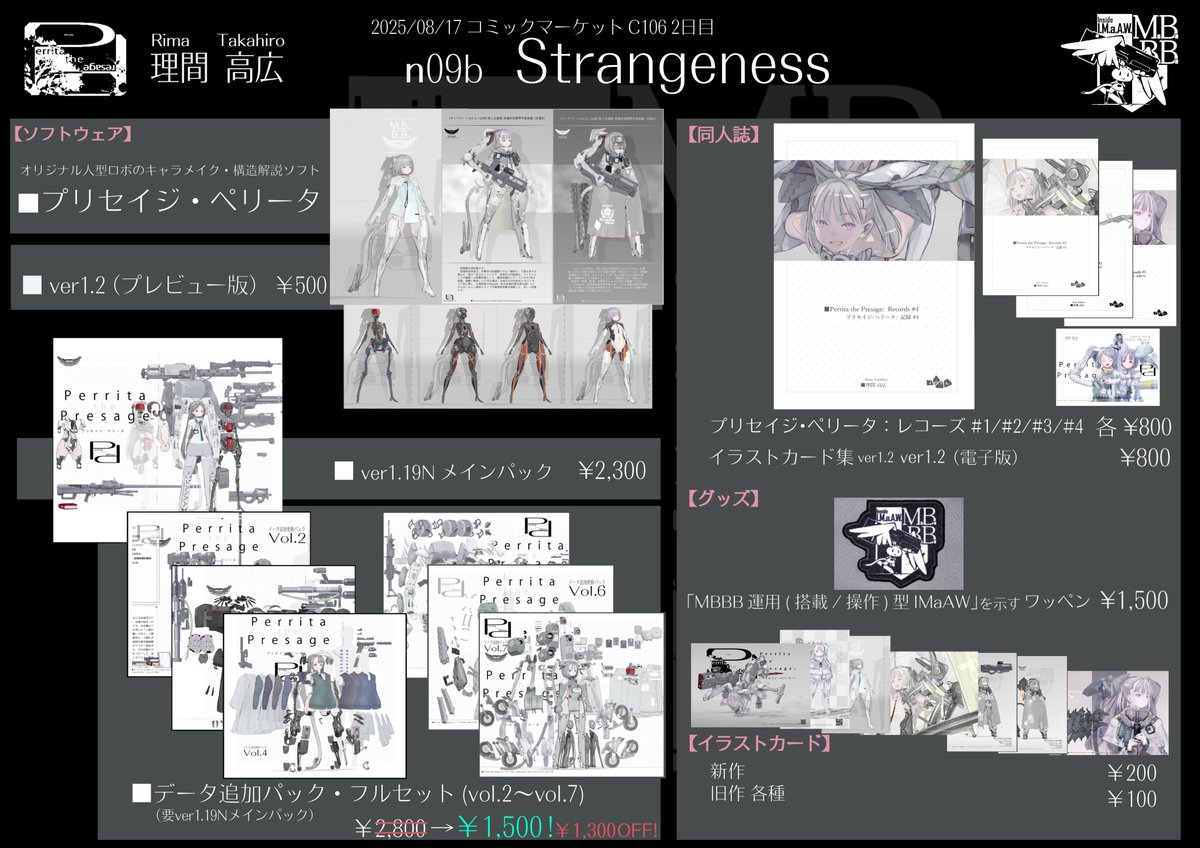 Rima_tk's tweet photo. 【直前告知】明日08/17 #コミックマーケット106 2日目に参加します。
n09b Strangeness
です。
架空の大規模ニューラルネットを積んだ人型機械のキャラメイク・設定閲覧ソフト『 #プリセイジ・ペリータ 』ver1.2(プレビュー版)の他、同人誌、イラストカード、グッズ等々を頒布予定です！#C106お品書き https://t.co/o0qiKmu0in