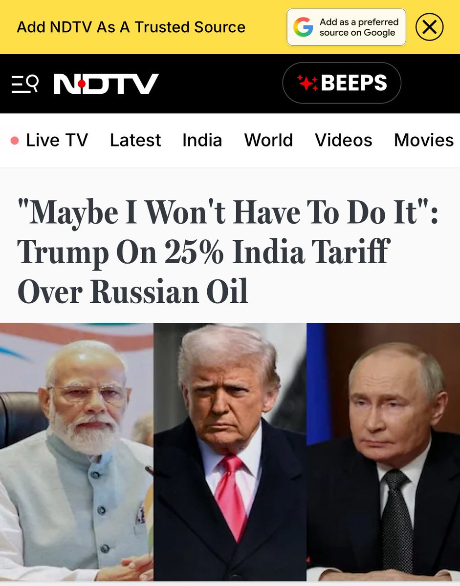 Contrary to my previous belief, looks like a calculated yet very risky move by trump to create some leverage with Putin, he knows he can pull the string enough to not break it.
If it doesn’t work he will restore ties with India. There is some method to this madness.

#NDTV