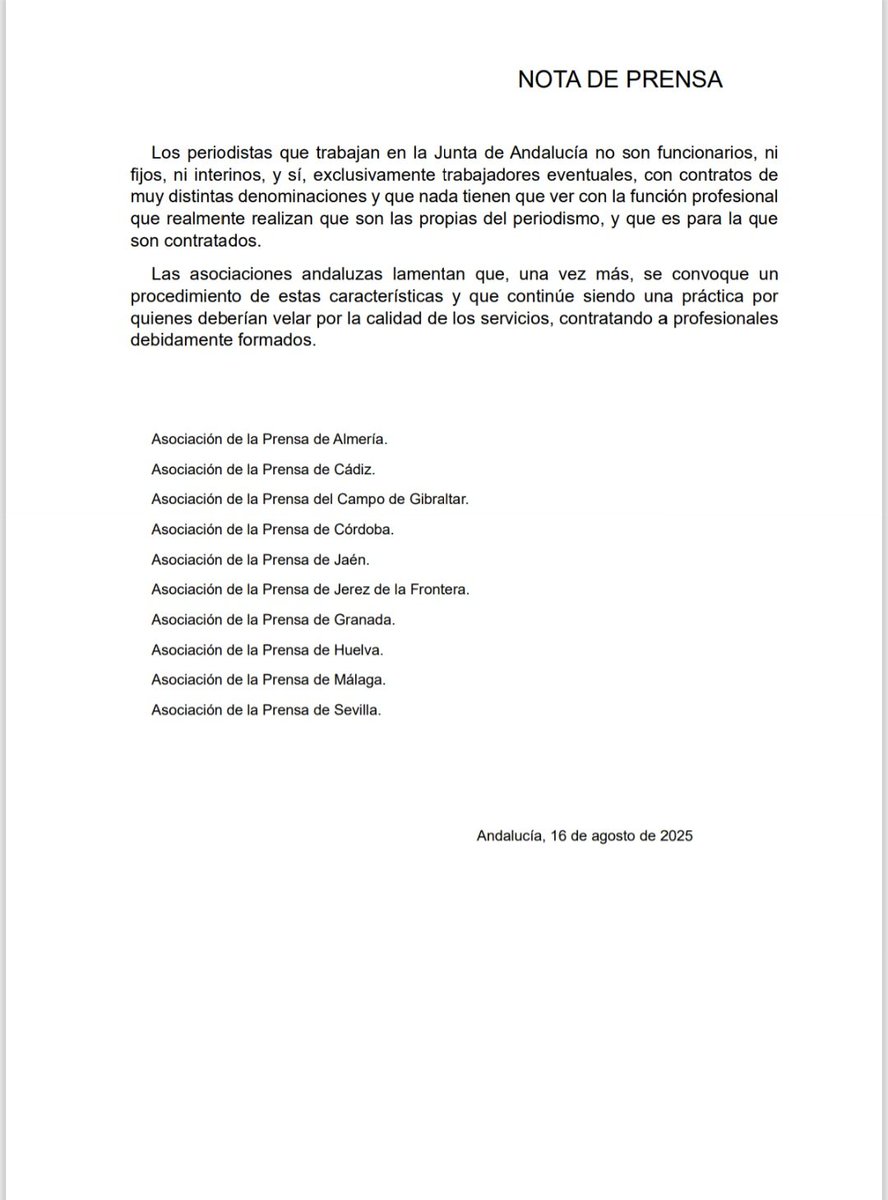 Las Asociaciones de la Prensa de Andalucía demandamos a la Junta que los puestos para labores de comunicación deben cubrirse con periodistas.