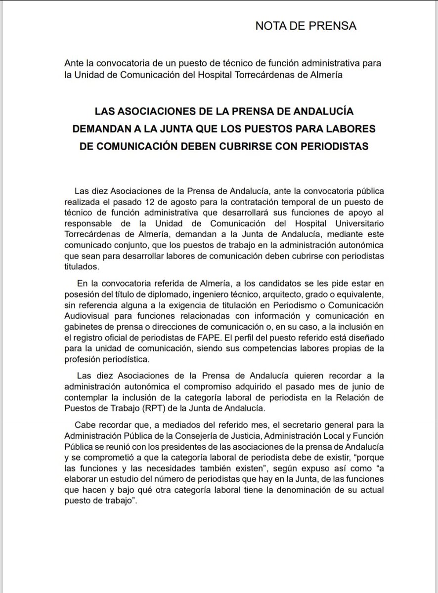 aprensajerez's tweet photo. Las Asociaciones de la Prensa de Andalucía demandamos a la Junta que los puestos para labores de comunicación deben cubrirse con periodistas. https://t.co/k637dYtlDK