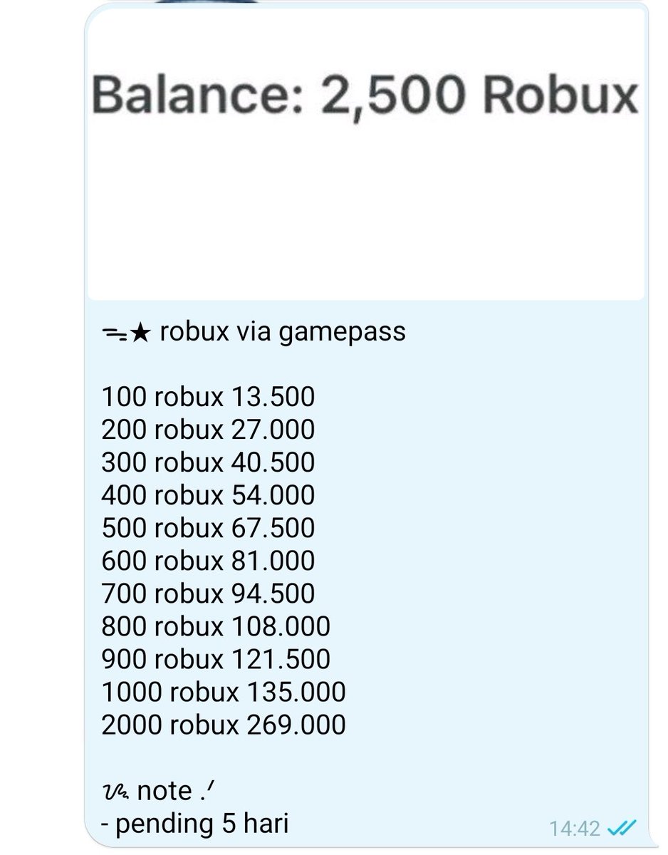 fayedzou's tweet image. WTS
robux gamepass after tax, price 13.500/100r. availl kalaw belum sold 😽  yang maw bolee dm/wa di pinned iaaw ✉️ #zonajajan #zonauangᅠᅠ