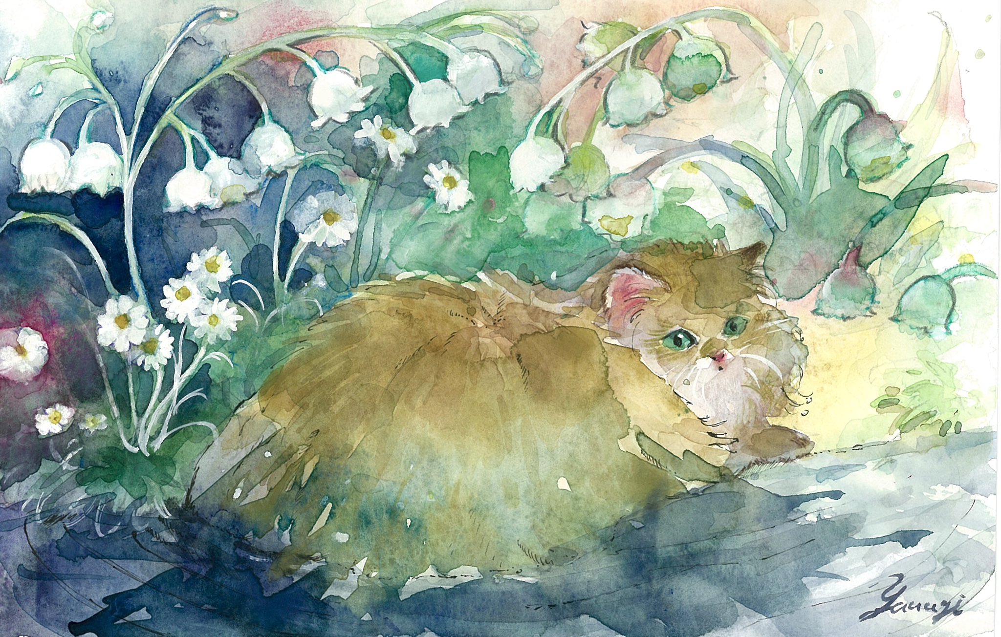 愛の源泉　観音 水彩画 ウサギ　エネルギーアート 光による鳥の巣（英題：Bird's nest by light）南谷 明雄（Akio