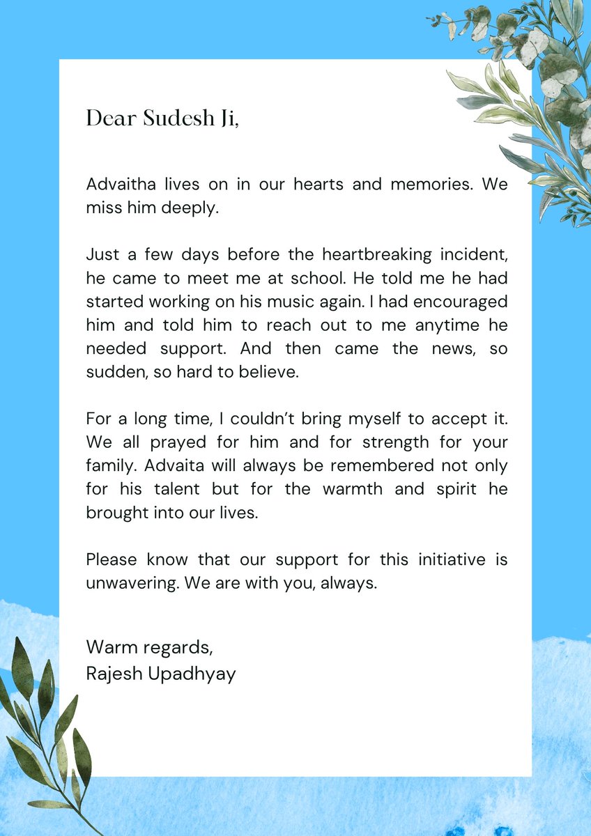 📃 A heartfelt note from Advaita’s music teacher at DPS Noida to his parents. 

<a href="/SudeshBJP/">Sudesh Verma- Karmayogi-(Maintain Time)</a>