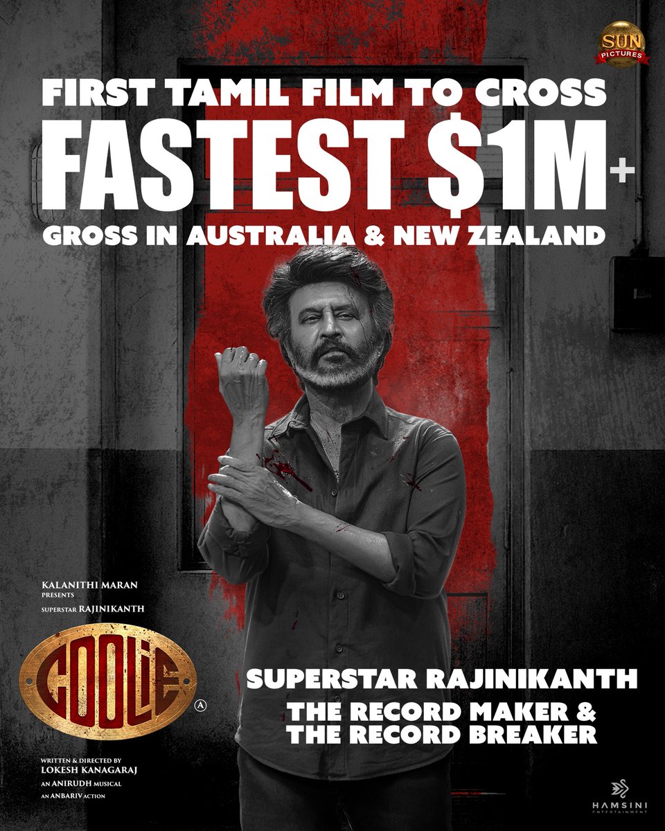 Sun Pictures (@sunpictures) on Twitter photo Ennaikum korayadha mavusu🔥💥
#Coolie becomes the first Tamil film to cross fastest $1M+ gross in Australia & New Zealand
#Coolie ruling in theatres worldwide🌟
<a href="/rajinikanth/">Rajinikanth</a> <a href="/Dir_Lokesh/">Lokesh Kanagaraj</a> <a href="/anirudhofficial/">Anirudh Ravichander</a> #AamirKhan <a href="/iamnagarjuna/">Nagarjuna Akkineni</a> <a href="/nimmaupendra/">Upendra</a> #SathyaRaj #SoubinShahir Ennaikum korayadha mavusu🔥💥
#Coolie becomes the first Tamil film to cross fastest $1M+ gross in Australia & New Zealand
#Coolie ruling in theatres worldwide🌟
<a href="/rajinikanth/">Rajinikanth</a> <a href="/Dir_Lokesh/">Lokesh Kanagaraj</a> <a href="/anirudhofficial/">Anirudh Ravichander</a> #AamirKhan <a href="/iamnagarjuna/">Nagarjuna Akkineni</a> <a href="/nimmaupendra/">Upendra</a> #SathyaRaj #SoubinShahir