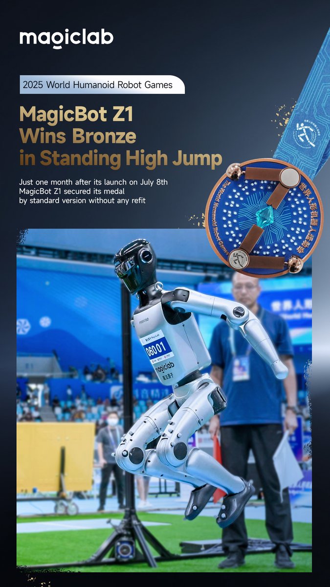 MagicLab_Robot's tweet image. 🔥August 16th, MagicBot Z1 won the bronze medal in the 「standing high jump」event at the first World Humanoid Robot Games!
🤩MagicBot Z1 will bring even more surprises to the world!
#SportsGames #HumanoidRobot #Jumping #MagicLab