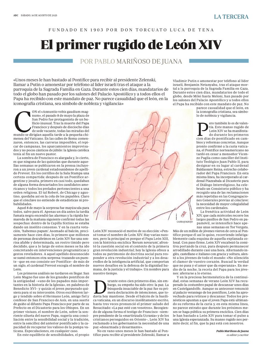 «La paz esté con vosotros» ha sido el primer rugido de León XIV.

Escribo hoy la Tercera de <a href="/abc_es/">ABC.es</a> sobre los primeros 100 días de su pontificado.