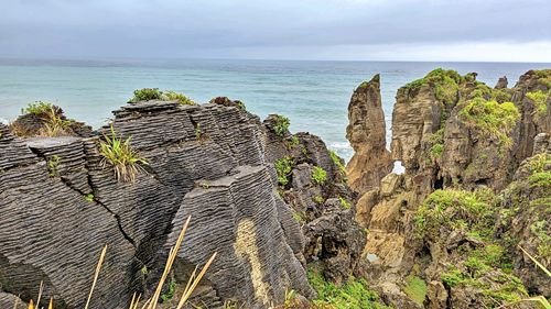 The Punakaiki Pancake Rocks and Blowholes in New Zealand are highly irregular chasms and ridges and layers. There is a well maintained mostly flat 0.7 mile (1.1 km) concrete trail which is wheelchair accessible. #NewZealand backpackandsnorkel.com/Hokitika/#puna…