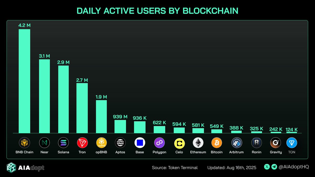 Chart showing daily active users by blockchain, with BNB Chain leading at 4.2 million