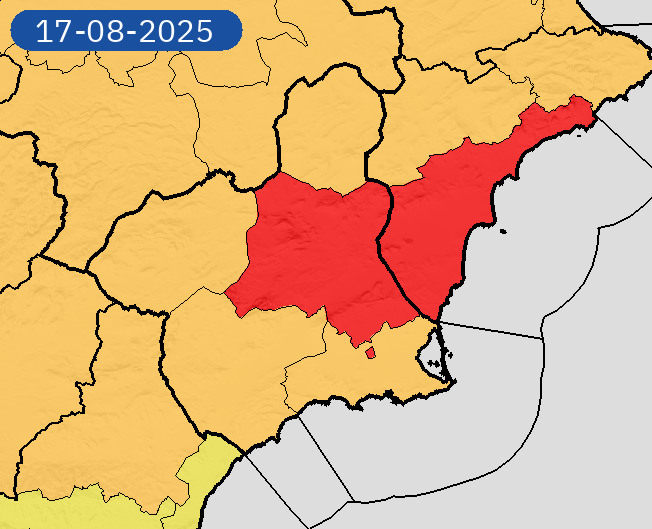 16/08 10:49 Avisos  activos hoy y mañana en Región de Murcia por temperaturas máximas. Nivel máximo de aviso: rojo.
Actualizaciones en aemet.es/es/eltiempo/pr…