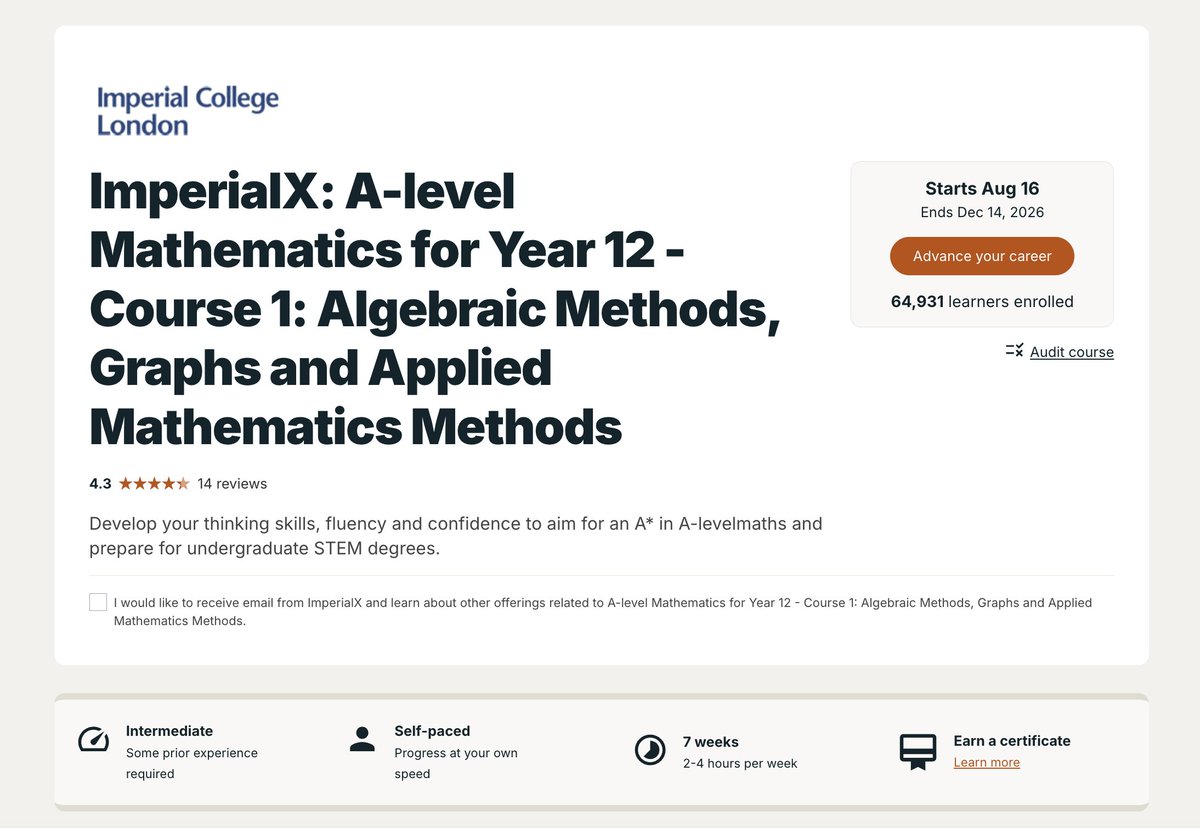 devadam88's tweet image. Day 84 of #100DaysOfMath 

5 days out, but back in with some serious progress. Almost finished Brilliant&apos;s &quot;Solving Equations&quot; course. 

I&apos;m eyeing up this free Math A-Level course on edX taught by Imperial College London, but it looks like it could dive into some serious…
