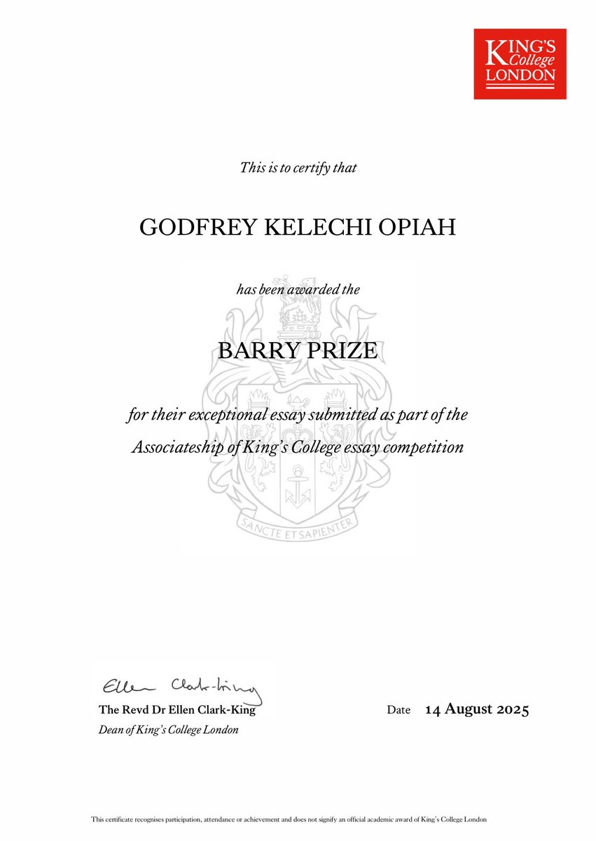 Thrilled to be awarded the Barry Prize in this year’s AKC essay competition at <a href="/KingsCollegeLon/">King's College London</a> @KingsAKC . The AKC has been thought-provoking and rewarding to pursue alongside my MSc and full-time role. Grateful for this recognition as I continue my academic journey.