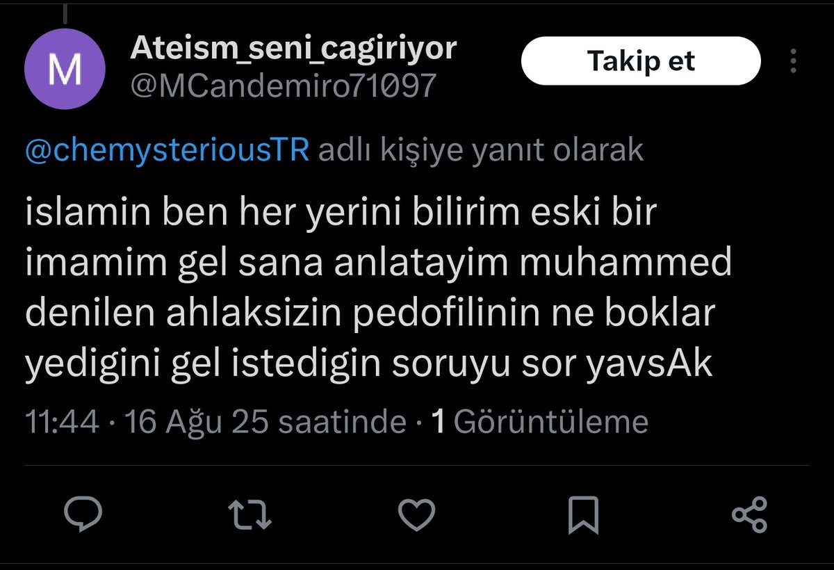 Alchemist (@chemysterioustr) on Twitter photo Türkiye'de ikamet etmiyor muhtemelen ama yine de üzerimize düşeni yapıp Peygamber'e, Kuran'a, İslam'a olmadık rezilliklerle saldıran bu yavşağı şikayet edelim.
<a href="/MCandemiro71097/">Ateism_seni_cagiriyor</a>
<a href="/EmniyetGM/">Türk Polis Teşkilatı</a>
<a href="/SiberayEGM/">Siberay</a>
<a href="/diyanetbasin/">Diyanet</a> Türkiye'de ikamet etmiyor muhtemelen ama yine de üzerimize düşeni yapıp Peygamber'e, Kuran'a, İslam'a olmadık rezilliklerle saldıran bu yavşağı şikayet edelim.
<a href="/MCandemiro71097/">Ateism_seni_cagiriyor</a>
<a href="/EmniyetGM/">Türk Polis Teşkilatı</a>
<a href="/SiberayEGM/">Siberay</a>
<a href="/diyanetbasin/">Diyanet</a>