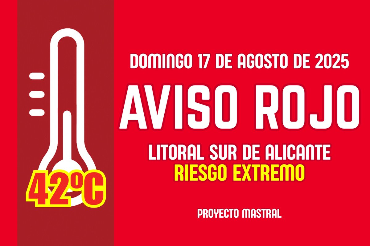 ¡Última hora! La AEMET eleva a nivel ROJO (riesgo extremo) el aviso por calor extremos para mañana domingo en nuestra zona. El aviso estará activo desde las 12:00 del domingo 17 de agosto por temperaturas que podrían superar los 42ºC en zonas de interior.