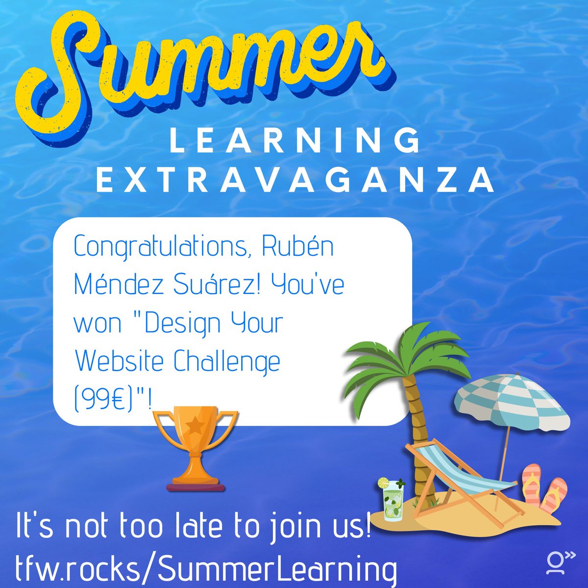 techforword's tweet image. And today's prize winner is...🥁 Rubén Méndez Suárez
You’ve won a copy of our Design Your Website Challenge (99€) 🥳
Want to win a prize? Sign up for the FREE Summer Learning Extravaganza for a chance to win over 1000€ in prizes.
tfw.rocks/SummerLearning 👈
#1nt #xl8 #Prizes