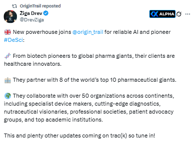 🚨 $TRAC keeps securing real-world partnerships that drive #DeSci and AI adoption forward.

Can’t wait to see the impact of this new collaboration 👀

Also look at the revenue growth projections across AI projects.

Among AI projects ranked by revenue growth, <a href="/origin_trail/">OriginTrail</a> easily