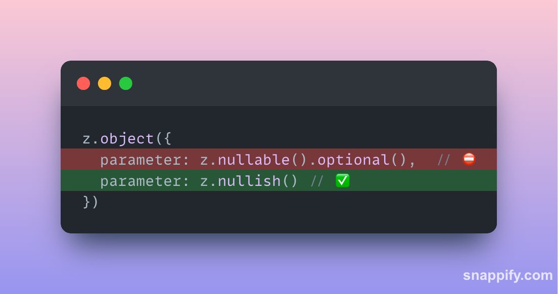 Jonathan Wilke (@jonathan_wilke) on Twitter photo Did you know that instead of .nullable().optional() you can just use .nullish() in zod? Did you know that instead of .nullable().optional() you can just use .nullish() in zod?