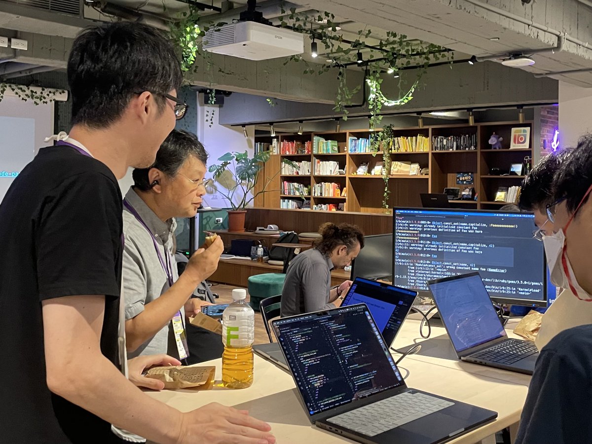 rubyconftw (@rubyconftw) on Twitter photo The “Metaprogramming with Ruby” table hosted by <a href="/okuramasafumi/">大倉雅史(OKURA Masafumi)</a> tried building a simplified RSpec clone.
Everyone frowned together at the metaprogramming code. 🤨 Matz wandered by with a 車輪餅 and joined in.
2025-08-09 #CodeParty #RubyConfTW #COSCUP The “Metaprogramming with Ruby” table hosted by <a href="/okuramasafumi/">大倉雅史(OKURA Masafumi)</a> tried building a simplified RSpec clone.
Everyone frowned together at the metaprogramming code. 🤨 Matz wandered by with a 車輪餅 and joined in.
2025-08-09 #CodeParty #RubyConfTW #COSCUP