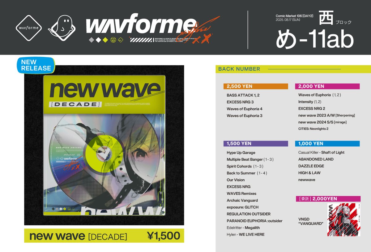 明日のお品書きになります。
新作"new wave [DECADE]"と旧譜各種
そして<a href="/VNGD_official/">VNGD</a> "VANGUARD"をご用意します。

「西 め-11ab」にてお待ちしております！