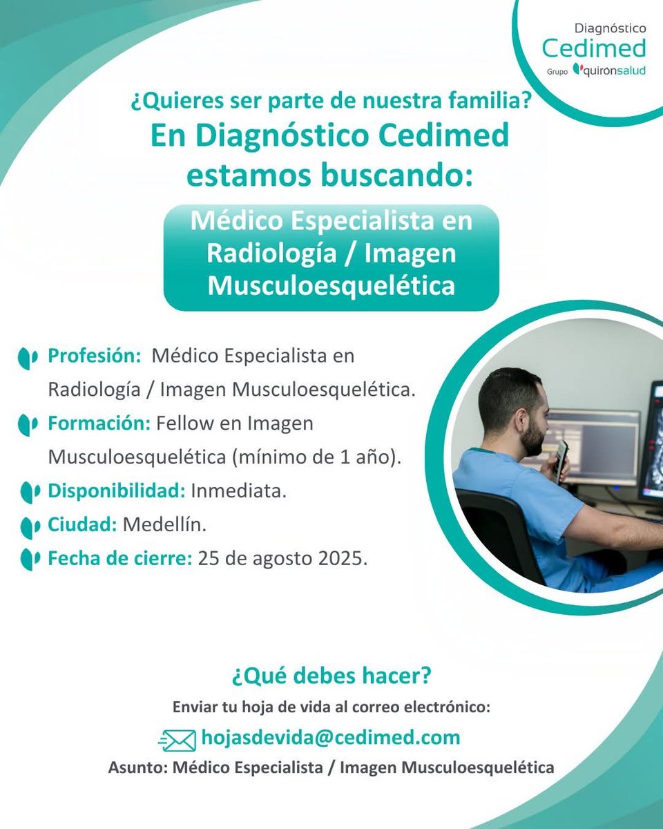 Diagnóstico Cedimed (@cedimed) on Twitter photo ¿Quieres ser parte de nuestra familia?
📣 ¡Te estamos buscando! 🩺💼
📧 Envía tu hoja de vida a: hojasdevida@cedimed.com ¿Quieres ser parte de nuestra familia?
📣 ¡Te estamos buscando! 🩺💼
📧 Envía tu hoja de vida a: hojasdevida@cedimed.com