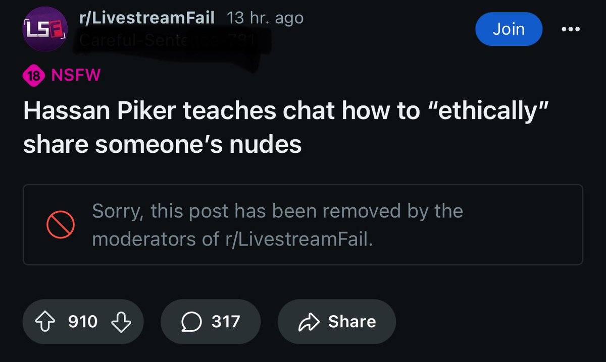 LSF mods removed the viral clip of Hasan Piker “ethically” sharing nudes 

I also got word from users that they were being banned from the subreddit for mentioning that mods will delete the thread