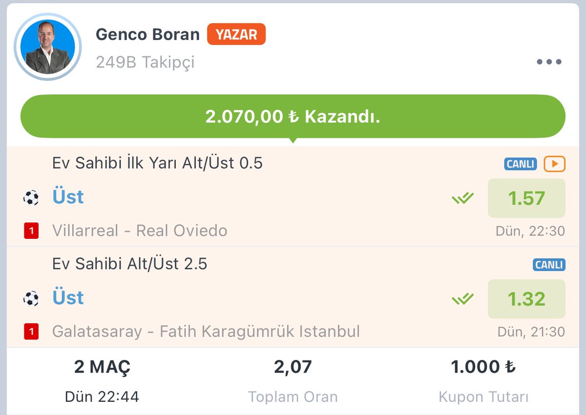 Hep maç önü yapmıyoruz kuponu. 

Bazen canlı görüp oynuyoruz…

tuttur.go.link/8zlP6