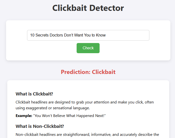 _kedar_18's tweet photo. Just built a Clickbait Detector! 📰

Enter any headline and see if it’s clickbait or not.
Powered by Logistic Regression and Python Flask.
Try it here: https://t.co/s5q2ZeyoH8

#MachineLearning #Python #DataScience #Flask #MLProject https://t.co/lCHqSq1o4i