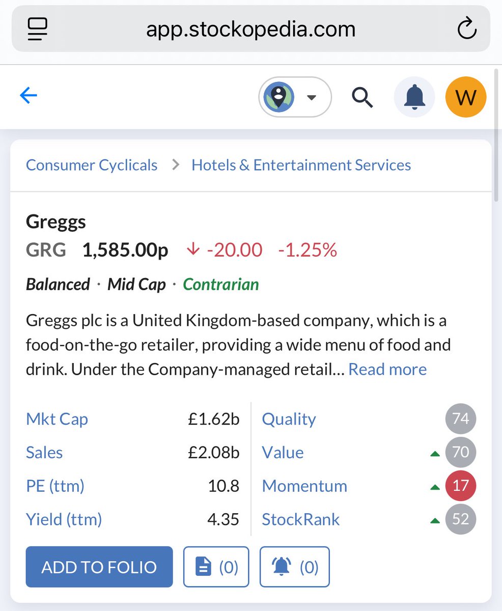 Dividend Dynasty (@dividenddynasty) on Twitter photo $GRG.L remains one of my favourite stocks to buy at the moment.
Suppressed FCF, excellent domestic brand and a growth path that many are understating in my opinion.
<a href="/Stockopedia/">Stockopedia</a> has both the Quality and Value rankings over >70, I actually think the quality ranking should be $GRG.L remains one of my favourite stocks to buy at the moment.
Suppressed FCF, excellent domestic brand and a growth path that many are understating in my opinion.
<a href="/Stockopedia/">Stockopedia</a> has both the Quality and Value rankings over >70, I actually think the quality ranking should be