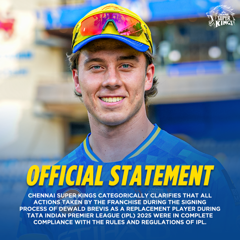 ChennaiIPL's tweet photo. 🚨OFFICIAL STATEMENT🚨 

Dewald Brevis signed as per the IPL Player Regulations 2025-2027, clause 6.6 under Replacement Players.
