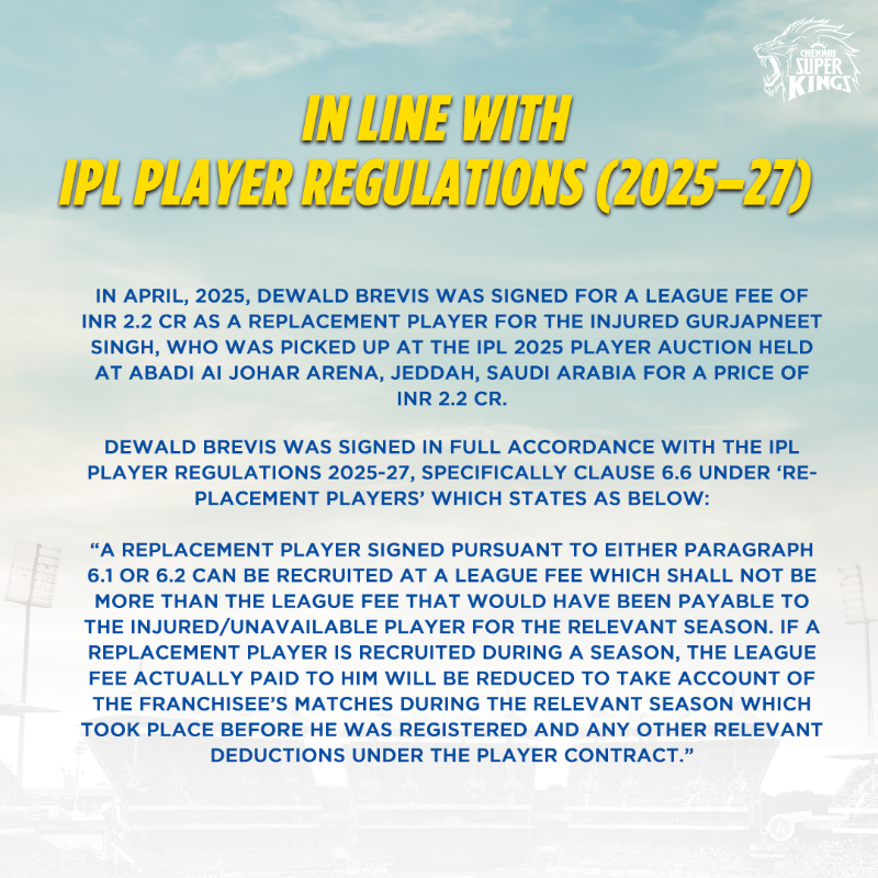 ChennaiIPL's tweet photo. 🚨OFFICIAL STATEMENT🚨 

Dewald Brevis signed as per the IPL Player Regulations 2025-2027, clause 6.6 under Replacement Players.