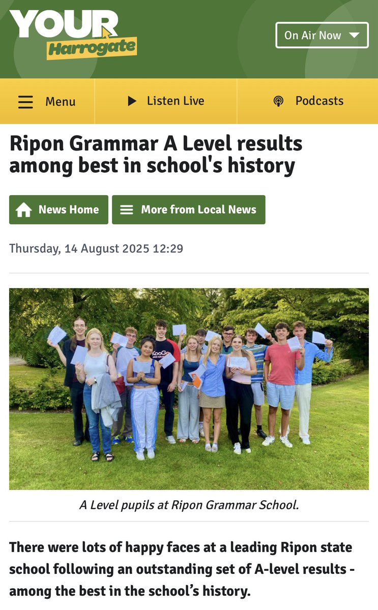 Ripon Grammar School (@ripongrammarsch) on Twitter photo Thank you to <a href="/your_harrogate/">Your Harrogate Radio</a> for celebrating our amazing students’ success: “a remarkable set of results”! 🙌
Update: We now have SEVEN students heading to Oxbridge - congratulations, Francesca 👏👏👏
yourharrogate.co.uk/local-news/har… Thank you to <a href="/your_harrogate/">Your Harrogate Radio</a> for celebrating our amazing students’ success: “a remarkable set of results”! 🙌
Update: We now have SEVEN students heading to Oxbridge - congratulations, Francesca 👏👏👏
yourharrogate.co.uk/local-news/har…