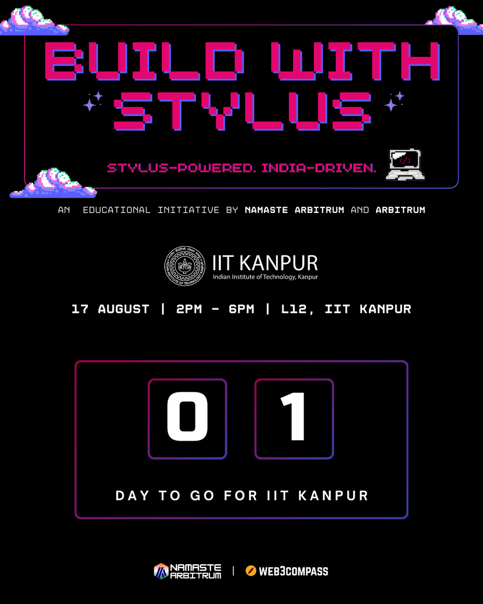 Namaste Arbitrum (๐, ๐งก) ๐ฎ๐ณ (@namastearbitrum) on Twitter photo IIT KANPUR, READY?
The Build with Stylus train is pulling into your station ๐
Tomorrow, weโre diving into smart contracts like never before in Rust, C, and C++ with <a href="/arbitrum/">Arbitrum</a> Stylus.
๐ฉโ๐ซ Led by <a href="/audaciousSneha/">AudaciousSneha.eth</a> from <a href="/the_web3compass/">Web3Compass</a>
๐
Date: 17th August (Sunday)
๐ Time: 2 PM IIT KANPUR, READY?
The Build with Stylus train is pulling into your station ๐
Tomorrow, weโre diving into smart contracts like never before in Rust, C, and C++ with <a href="/arbitrum/">Arbitrum</a> Stylus.
๐ฉโ๐ซ Led by <a href="/audaciousSneha/">AudaciousSneha.eth</a> from <a href="/the_web3compass/">Web3Compass</a>
๐
Date: 17th August (Sunday)
๐ Time: 2 PM