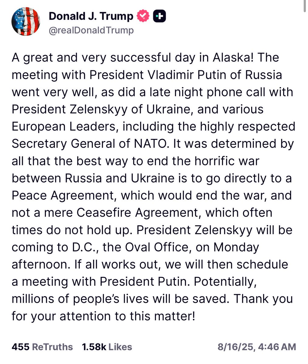 In his post announcing this, Trump also says he no longer wants a ceasefire first before a peace deal. (He went to Anchorage seeking a ceasefire.)