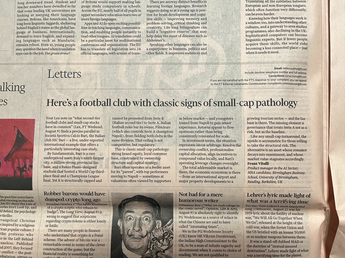 Franz Vitulli (@franzvitulli) on Twitter photo This weekend’s <a href="/FT/">Financial Times</a> features my letter on SSC Bari as a live case of how “second-tier clubs” can mirror small-cap stocks.
Strong fundamentals. Loyal fanbase. 58K-seat stadium. Structurally capped by ownership & regulation. This weekend’s <a href="/FT/">Financial Times</a> features my letter on SSC Bari as a live case of how “second-tier clubs” can mirror small-cap stocks.
Strong fundamentals. Loyal fanbase. 58K-seat stadium. Structurally capped by ownership & regulation.