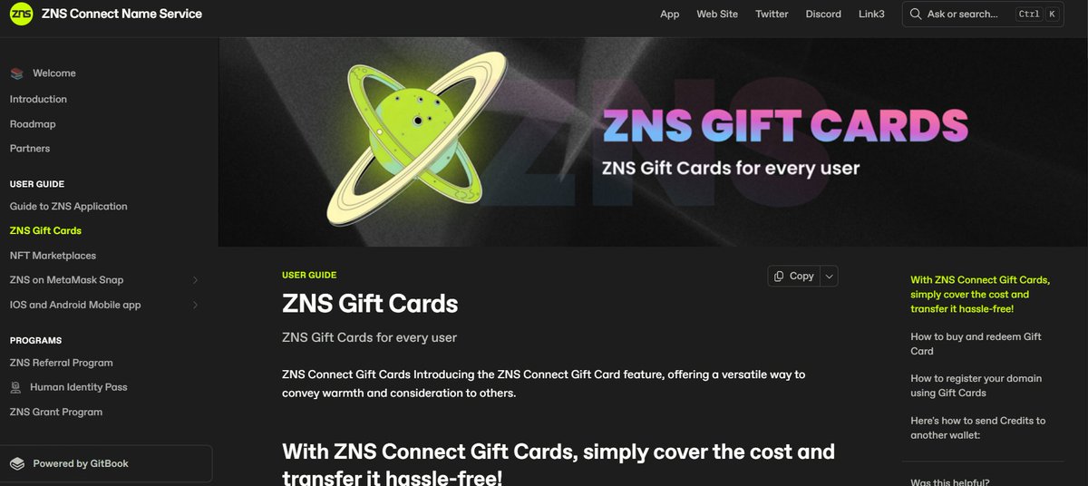 ZNS CONNECT (@znsconnect) on Twitter photo 🎁 The most underrated ZNS feature? Gift Cards.
✅ Mint without paying for the domain
✅ Perfect for onboarding friends
✅ Great giveaways for communities
Who would you gift one to?
LEARN MORE: docs.znsconnect.io/user-guide/gif…
zns.bio/settings?tab=c… 🎁 The most underrated ZNS feature? Gift Cards.
✅ Mint without paying for the domain
✅ Perfect for onboarding friends
✅ Great giveaways for communities
Who would you gift one to?
LEARN MORE: docs.znsconnect.io/user-guide/gif…
zns.bio/settings?tab=c…