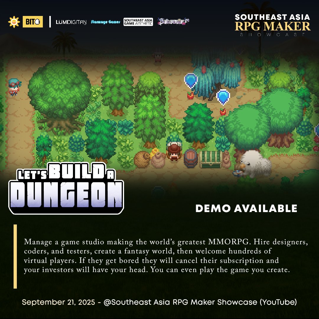 Let's Build a Dungeon will join SEARMS 2025!

Run a game studio to build the world’s greatest MMORPG! 🖥️🎮 Hire devs, craft worlds, keep players subbed — or risk your investors’ wrath. You can even play the game you create!

#indiegame #rtsgame #searm