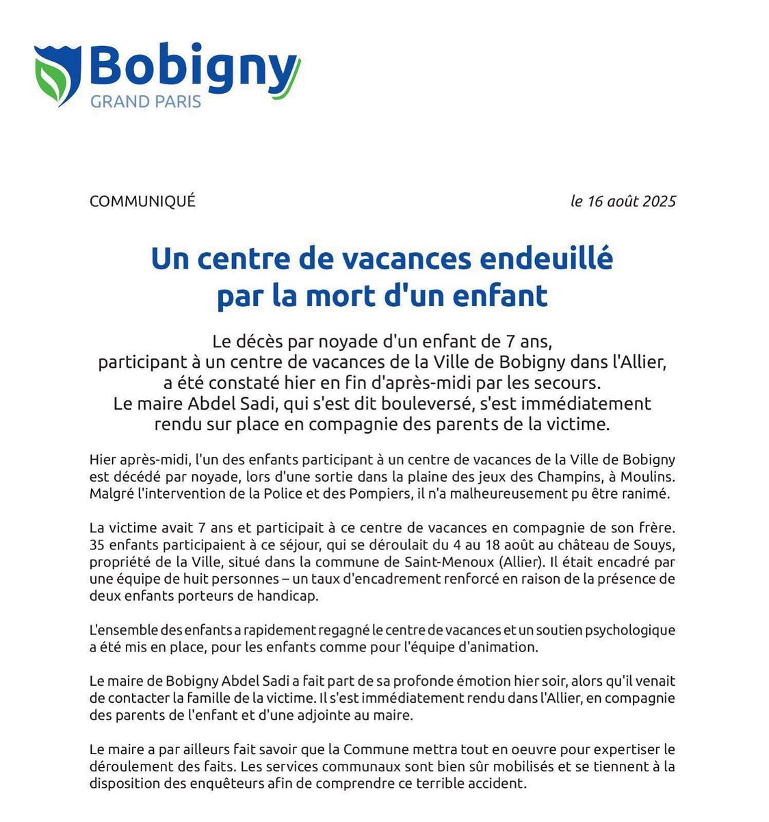 oumsedia69's tweet photo. Un enfant de sept ans, qui séjournait dans un centre de vacances de la ville de Bobigny situé dans l'Allier, est mort vendredi par noyade lors d'une sortie à Moulins. #condoleances à la famille #Bobigny https://t.co/IcdMQNkK4M