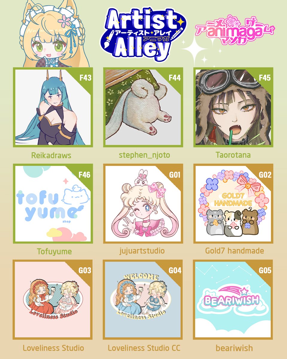 Animaga (@animagaexpo) on Twitter photo From F43–G05, step into a showcase of talent filled with captivating characters, delicate crafts & charming designs! Featuring Reikadraws, stephen_njoto, <a href="/taorotana/">Taoro @ Animaga F45</a>, Tofuyume, jujuartstudio, Gold7 handmade, Loveliness Studio, Loveliness Studio CC, and beariwish. From F43–G05, step into a showcase of talent filled with captivating characters, delicate crafts & charming designs! Featuring Reikadraws, stephen_njoto, <a href="/taorotana/">Taoro @ Animaga F45</a>, Tofuyume, jujuartstudio, Gold7 handmade, Loveliness Studio, Loveliness Studio CC, and beariwish.