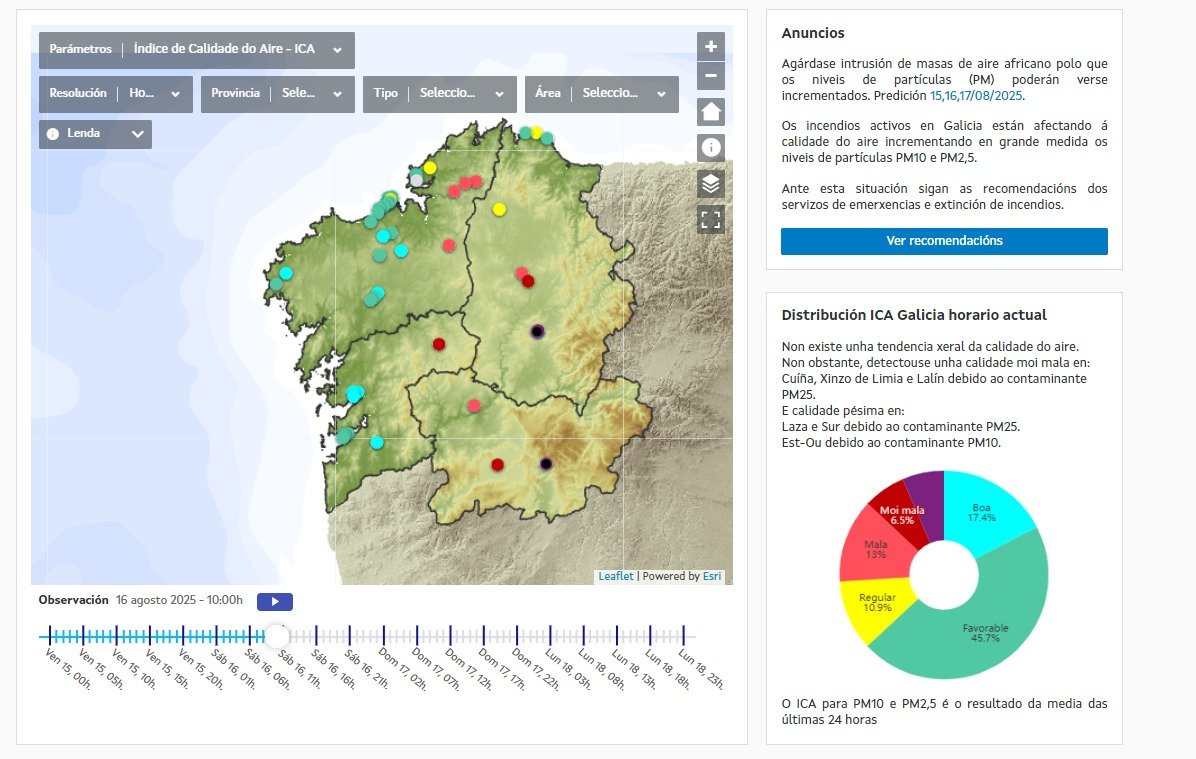 A propagación do fume dos incendios está dando lugar a calidade do aire mala e pésima en puntos do interior de Galicia. Sigan as indicacións dos servizo de emerxencia e mantéñanse informados a través de fontes oficiais.

👉meteogalicia.gal/web/ica/portada

🧐atmosphere.copernicus.eu/charts/package…