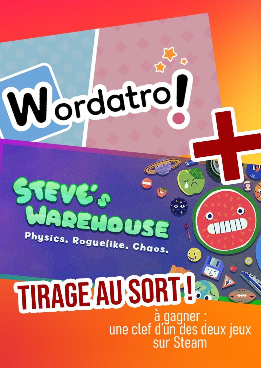 Le Stream PAUSE DEJ' est décalé aujourd'hui...
car à 14h, j'organise un Giveaway grâce à <a href="/AbidingBridge/">Abiding Bridge</a> !
On joue à Wordatro puis on découvre Steve's Warehouse, et il y a une clef Steam de chaque jeu à gagner !
➡️c'est à 14h sur twitch (clemenceperrault !)
