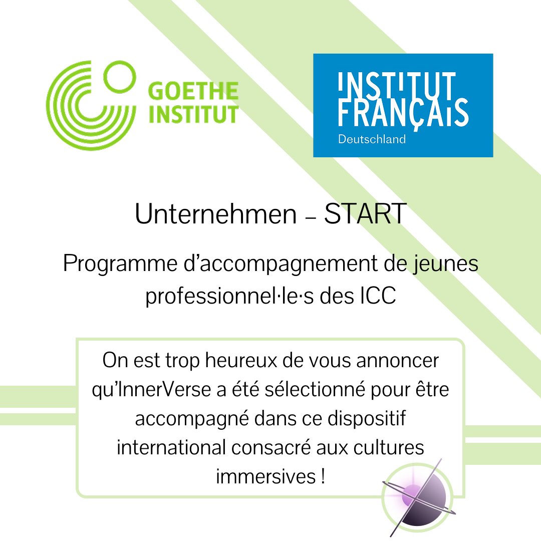 Lauréats ✨✈️
D’octobre à juin, InnerVerse s’envolera pour Leipzig, Vienne, Budapest et bien d’autres villes afin de travailler sur un nouveau projet d'art numérique. 

Une belle occasion pour le développer, le présenter et rencontrer des acteurs professionnels du milieu !