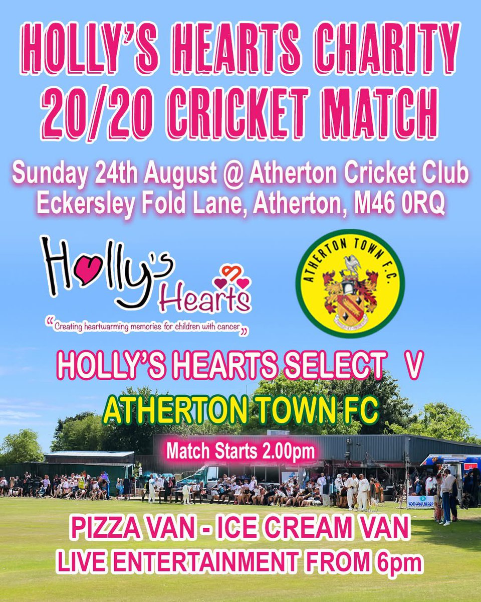 Next Sunday (Bank Holiday) a Holly’s Hearts select take on <a href="/AthertonTownFC/">Atherton Town F.C.</a> in a charity cricket match at <a href="/AthertonCC/">Atherton CC</a> 🏏 

Please show your support 💜❤️💖

They’ll be an ice cream van and pizza van plus an acoustic live singer from 6pm. 

Entry is FREE 🏏