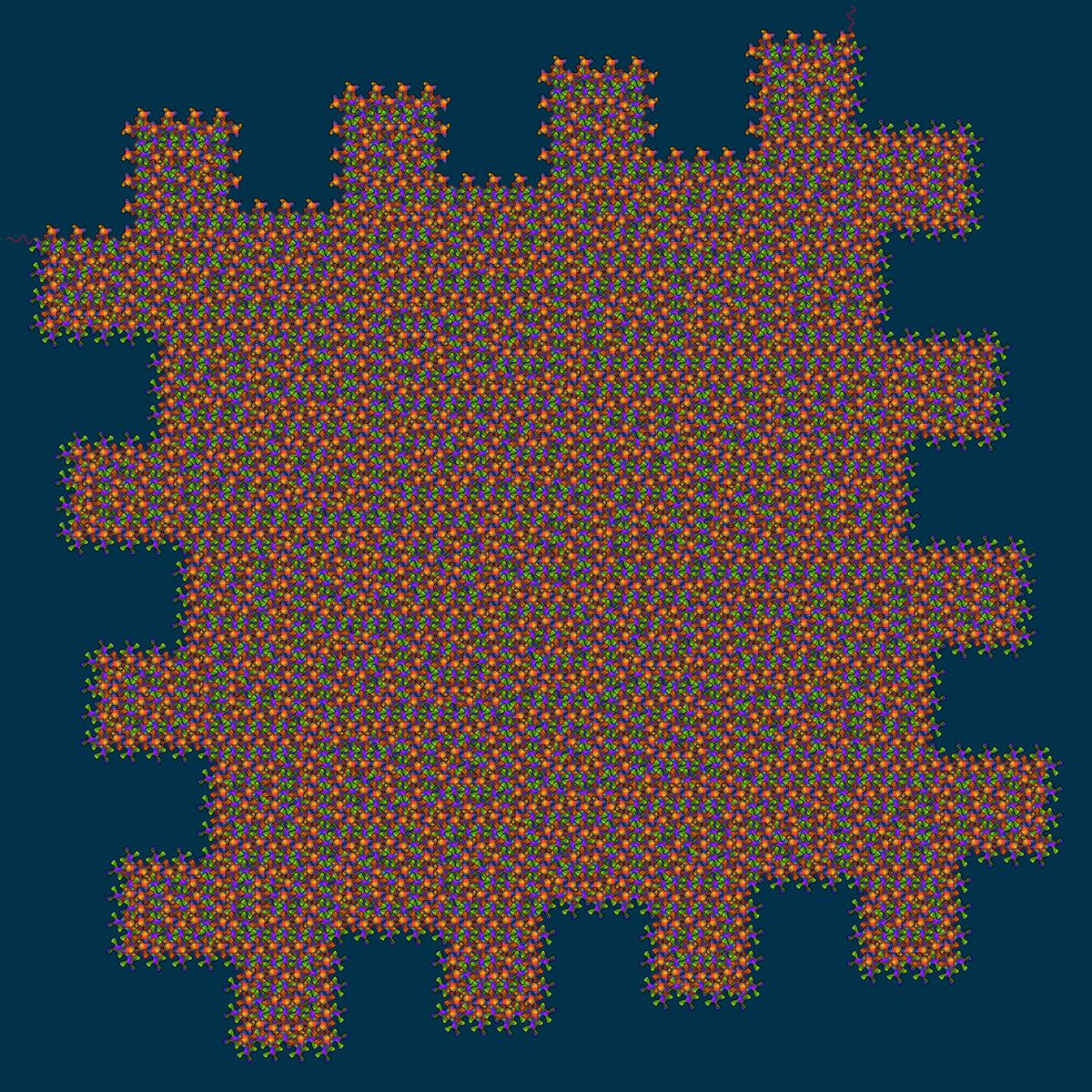 This tessellation is based on the space-filling Chip Curve of size 7. The two deformed bird prototiles are always separated by the red curve, which runs from left top to top right. #mcescher #escherart #escher #mathart #digitalart #bird #Tissellator