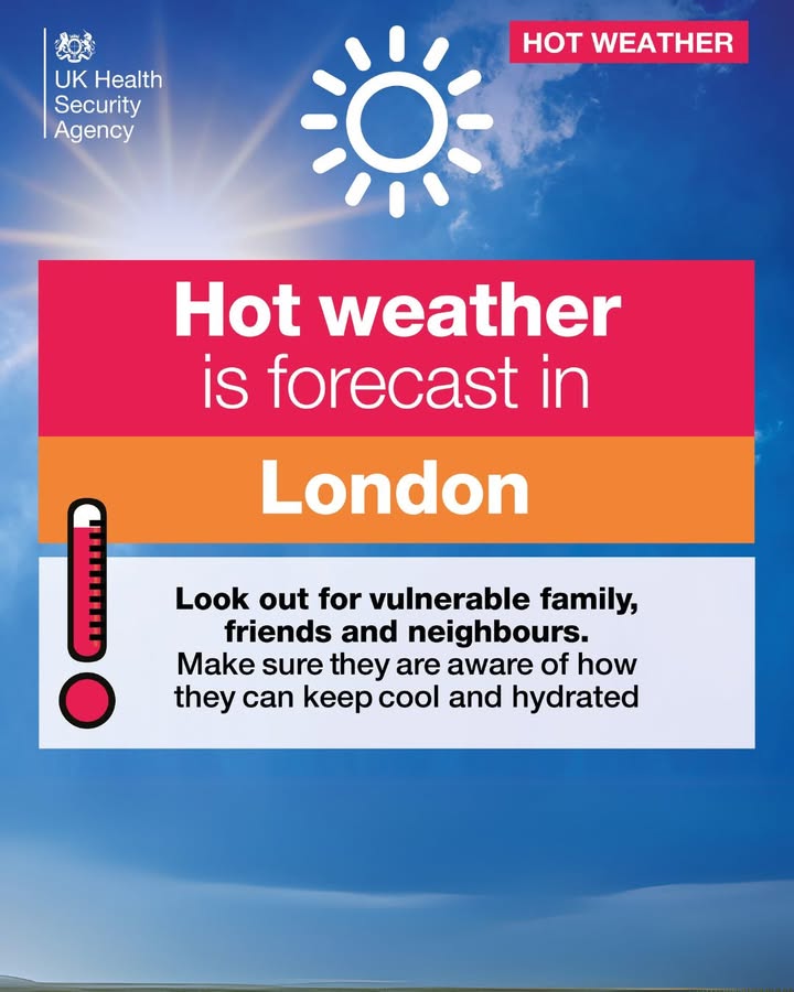 Hot weather is expected all weekend with a yellow heat health alert in place until 6pm on Monday 18 August!🌡️ 🔆

During the warmer weather, please remember to:  

    💧 Be prepared for hot weather with sun cream, a hat and keep hydrated.
    🔆 Try to keep sun exposure to a