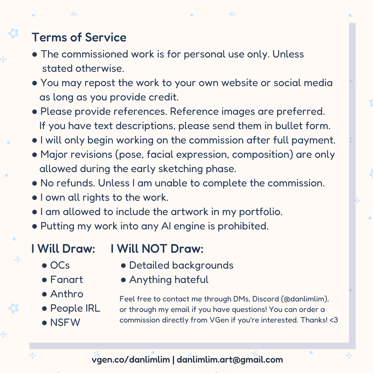 [Shares Appreciated 💖]

VGen comms are open! I have new options available hehe 😳👉👈 Feel free to contact me though DMs, Discord (danlimlim), or email if you have any questions!

You can order directly through my VGen if you're interested. Thanks! <3 

#VGen #VgenOpen #VGenComm