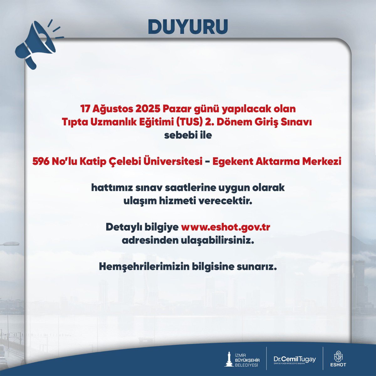 Web adresimizden detaylı bilgiye ulaşabilirsiniz.
eshot.gov.tr/tr/Duyurular/5…