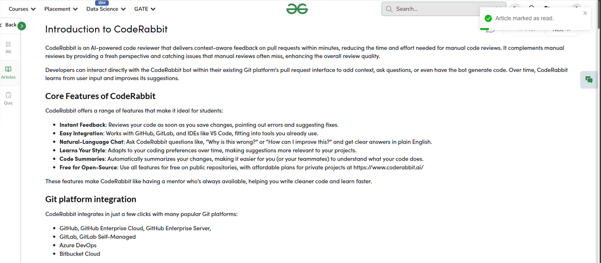 AkshitaDixit_15's tweet image. Day 27 #nationskillup
Meet @coderabbitai – your AI-powered code reviewer
✅ Instant feedback
✅ Natural-language chat
✅ Learns your coding style
✅ Free for open-source
Clean code. Faster reviews. Smarter learning.
Track Link: geeksforgeeks.org/courses/ai-too…
#skillupwithgfg #CodeRabbit