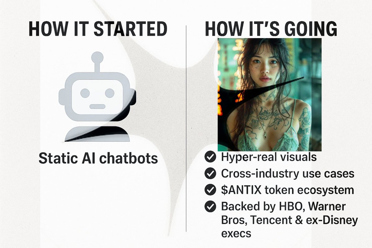 While others focus on static AI chatbots or low-fidelity avatar, <a href="/antix_in/">Antix.in</a> is building photorealistic intelligent digital twins that adapt in real-time

✅Hyper-real visuals
✅Cross-industry use cases
✅$ANTIX token ecosystem
✅Backed by HBO, Warner Bros, more

TGE Oct 🚀
Ready!