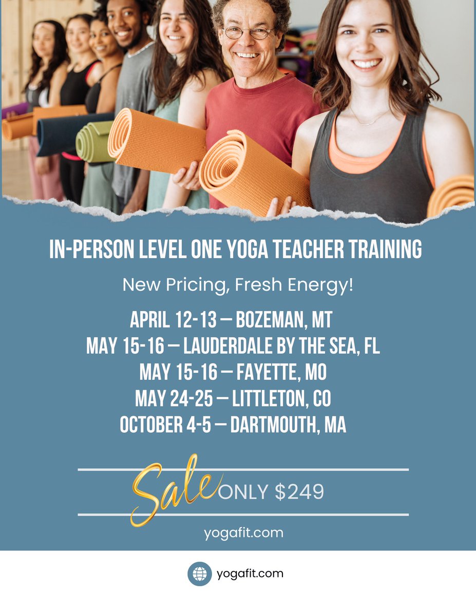 TotalFC's tweet image. 🧘‍♀️ Ready to teach or deepen your practice? Join YogaFit YTT Level One at Dartmouth Total Fitness!

📅 Oct 4–5 | ⏰ 8AM–6PM | 💲$249
No prerequisites—just read YogaFit by Beth Shaw.

📩 Info: edu@yogafit.com
#YogaTeacherTraining #YogaFit #YTT #DartmouthTotalFitness #YogaJourney